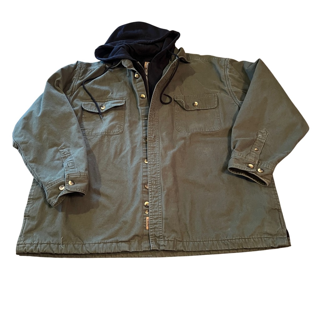 CE Schmidt Workwear Mens 2XL Olive Green Canvas Hooded Shirt Jacket Fleece Lined